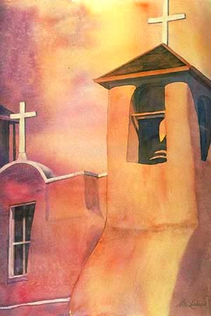 Icon adobe bell tower original watercolor painting by Nita Leland
